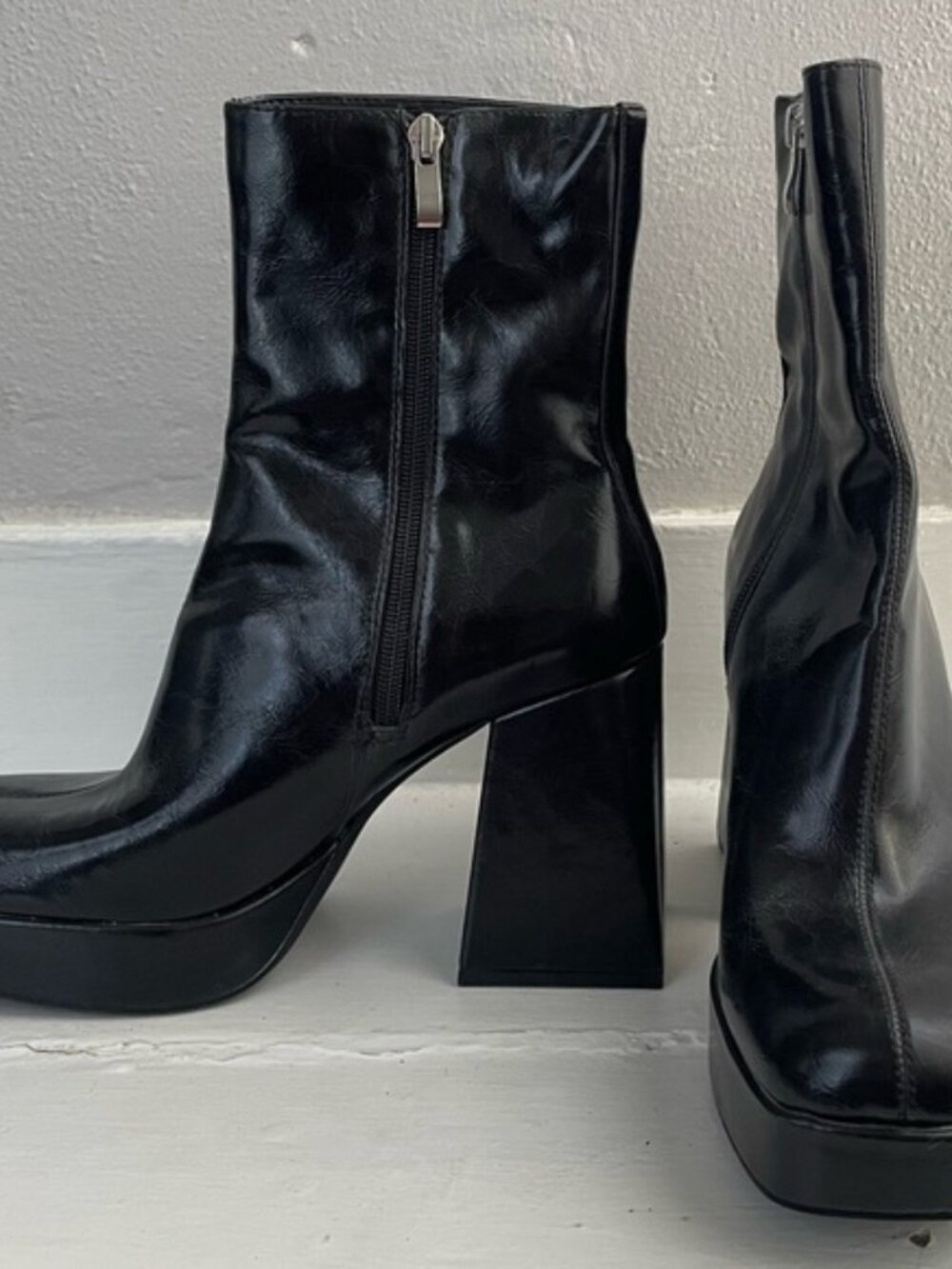 Pull & Bear Black Platform Block Heel Square Toe Boots